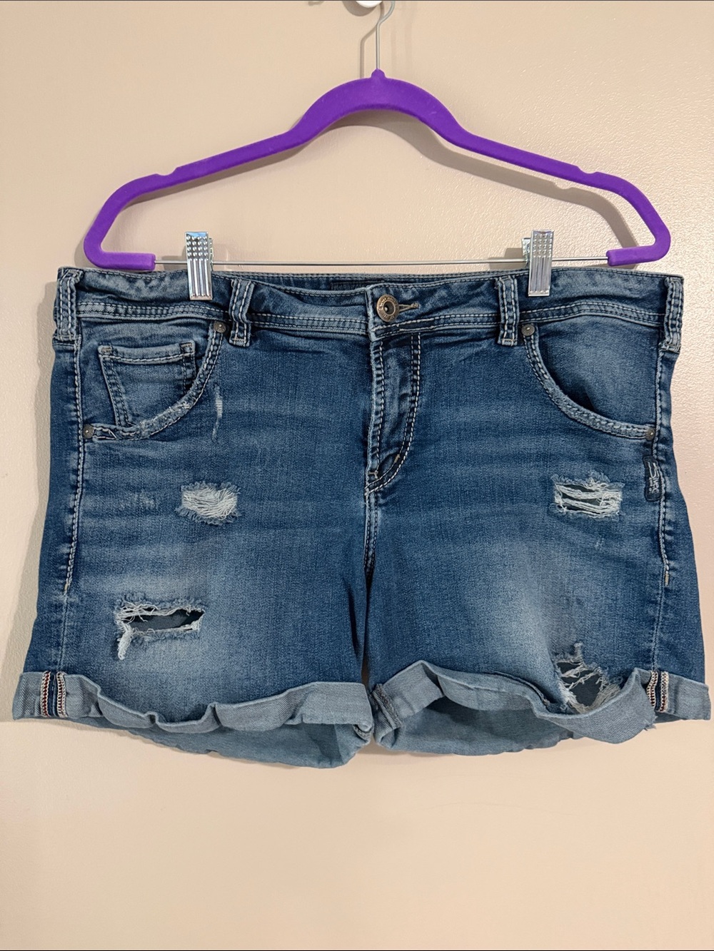 Silver Jeans Women's Distressed Rolled-Hem Denim Shorts - Blue